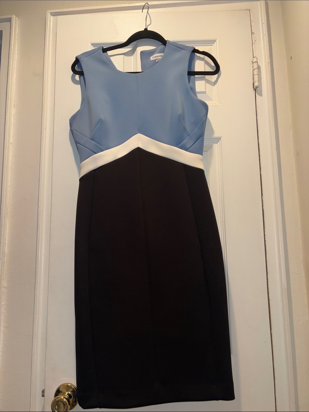 Calvin Klein Sleeveless Colorblock Sheath Dress in Light Blue, White & Black